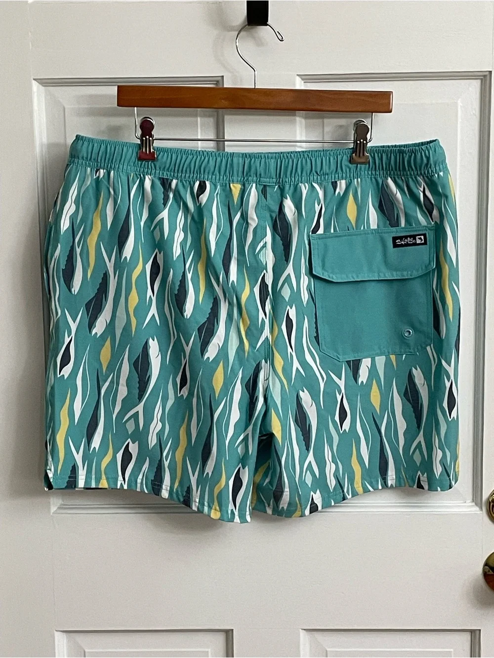 Salt Life Men’s Teal Patterned Swim Trunks with Yellow & Navy Accents
